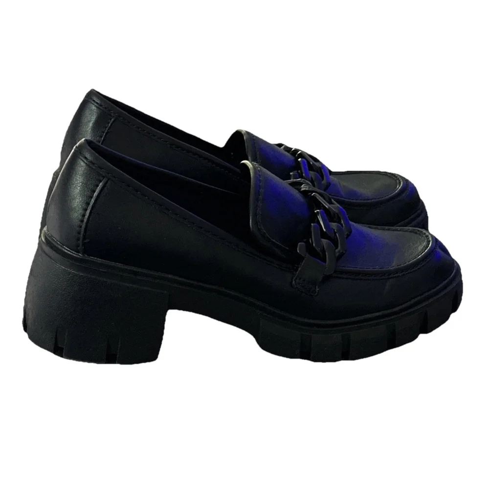 Madden Girl Y2K Hoxton Black Chunky Platform Loafers Size 8.5 M Chain Goth 2000s